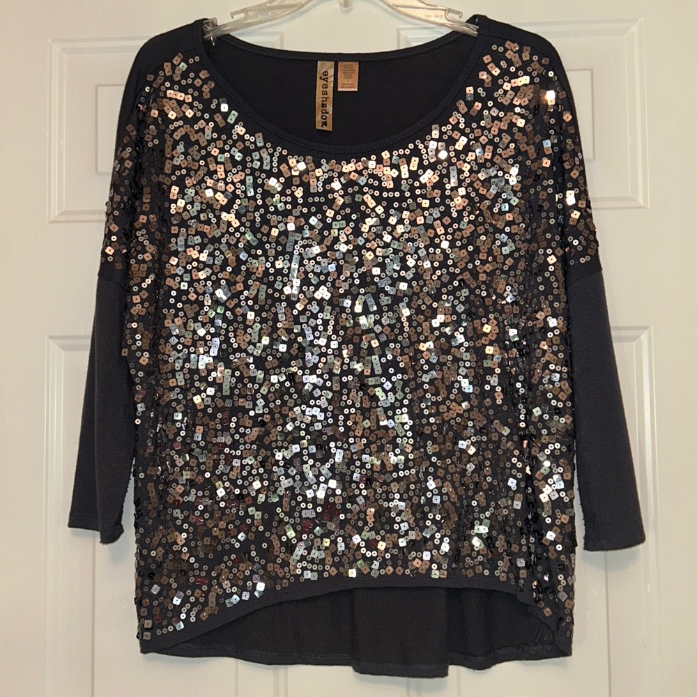 Eyeshadow Sequin Loose LS Top Black L Shimmer Glam Festive Holiday Maximalist